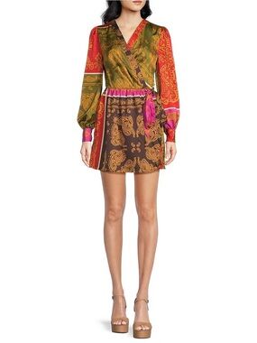 Chelsea & Violet XS Bandana Satin Wrap Mini Dress Paisley Boho V-Neck Festival